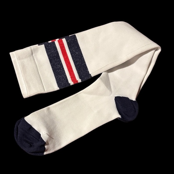 White and Navy Red Striped Knee High Socks - Picture 1 of 4